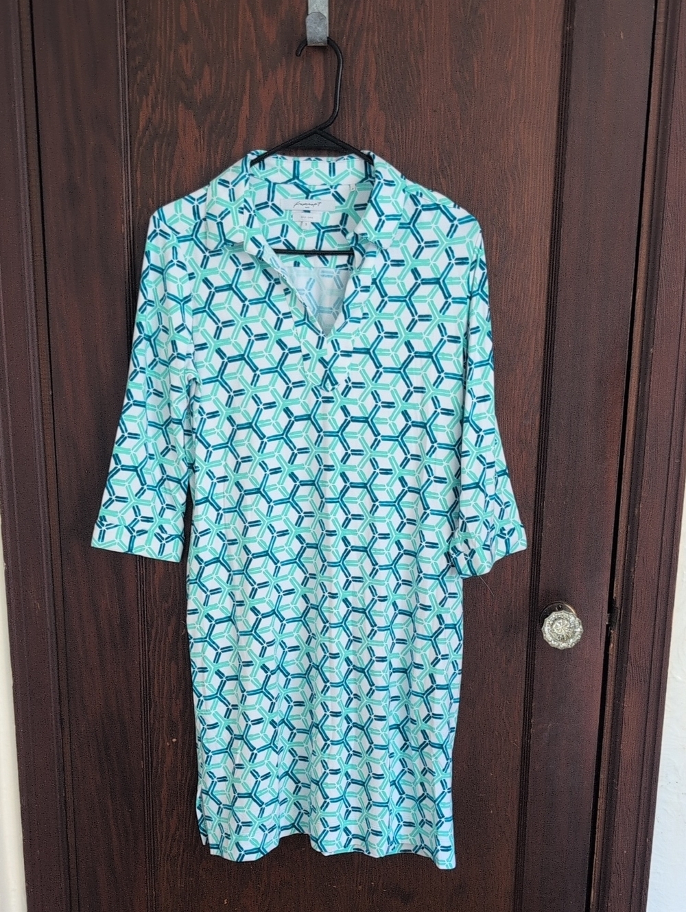 Foxcroft Easy Care Aqua and Teal Geometric Shirt dress